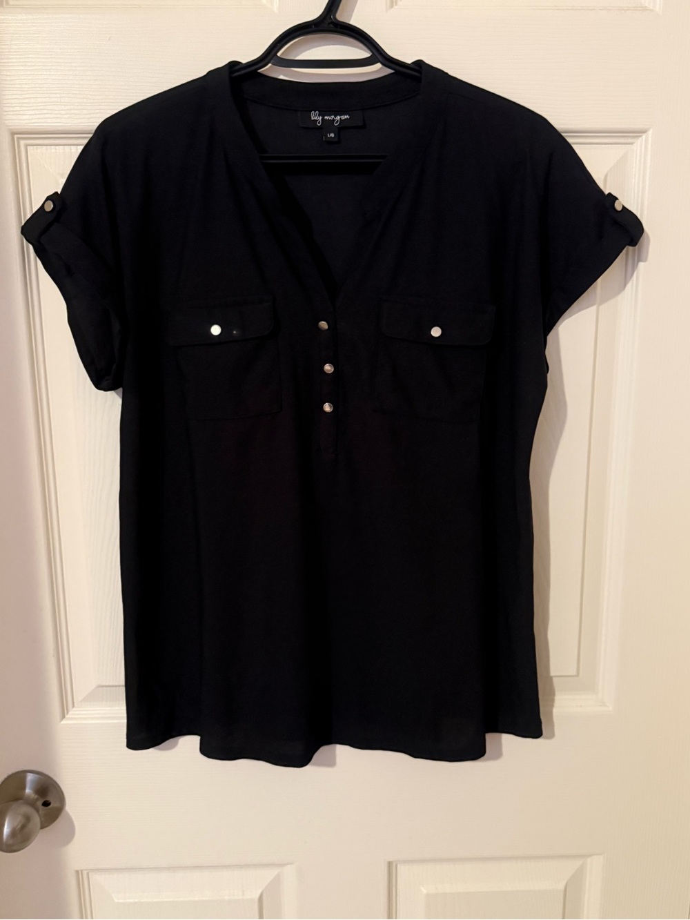 Black Short-Sleeve Blouse with front pockets